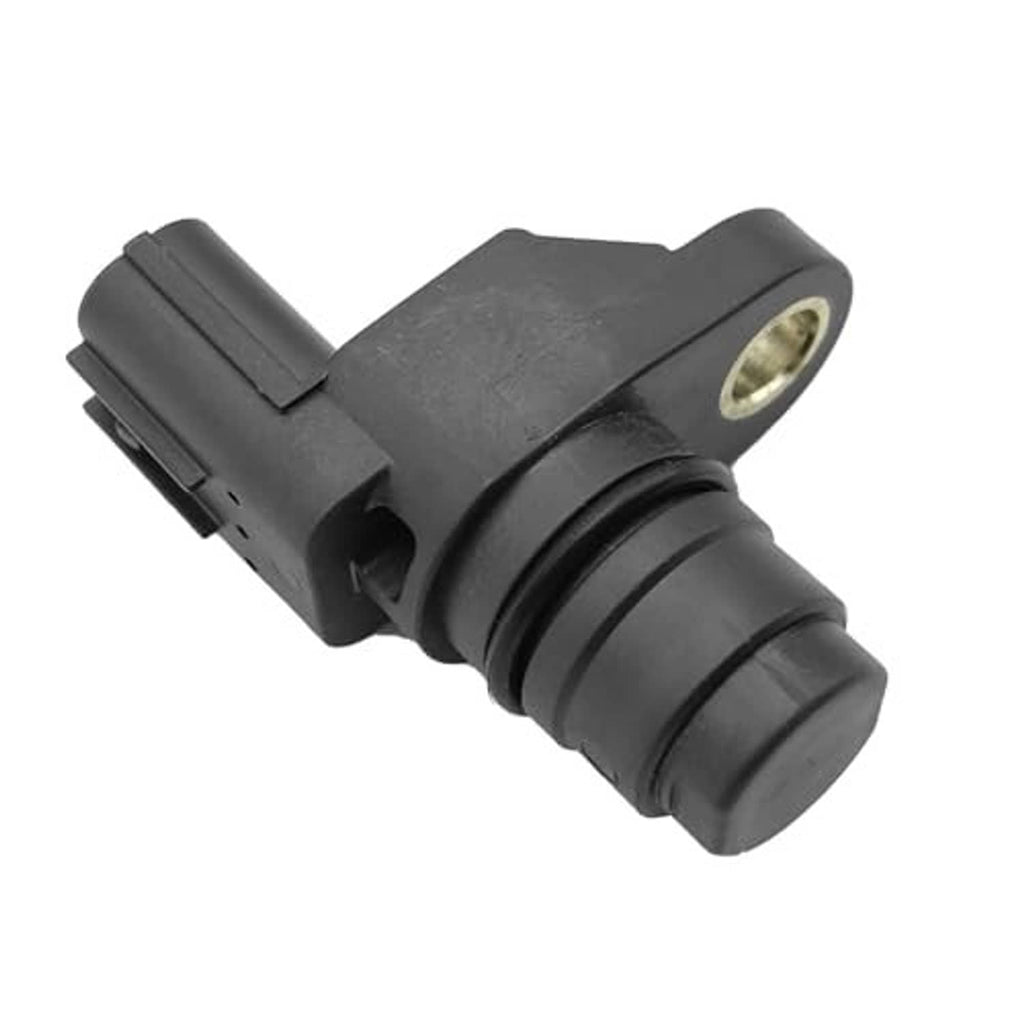 Engine sensor with black cylindrical body, side electrical connector, and metal mounting tab