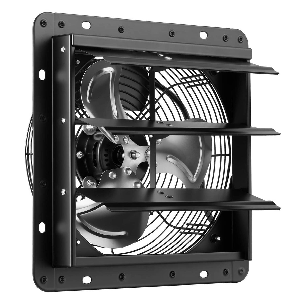 Front view wall-mount exhaust fan with shutter louvers and radial fan blades, black steel.