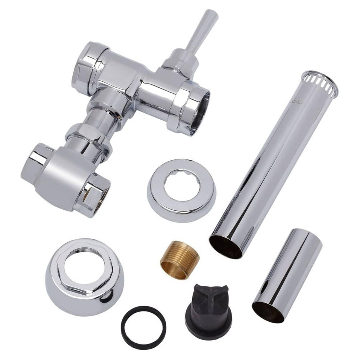 Toilet flush valve kit in polished chrome with handle tubes and seal parts