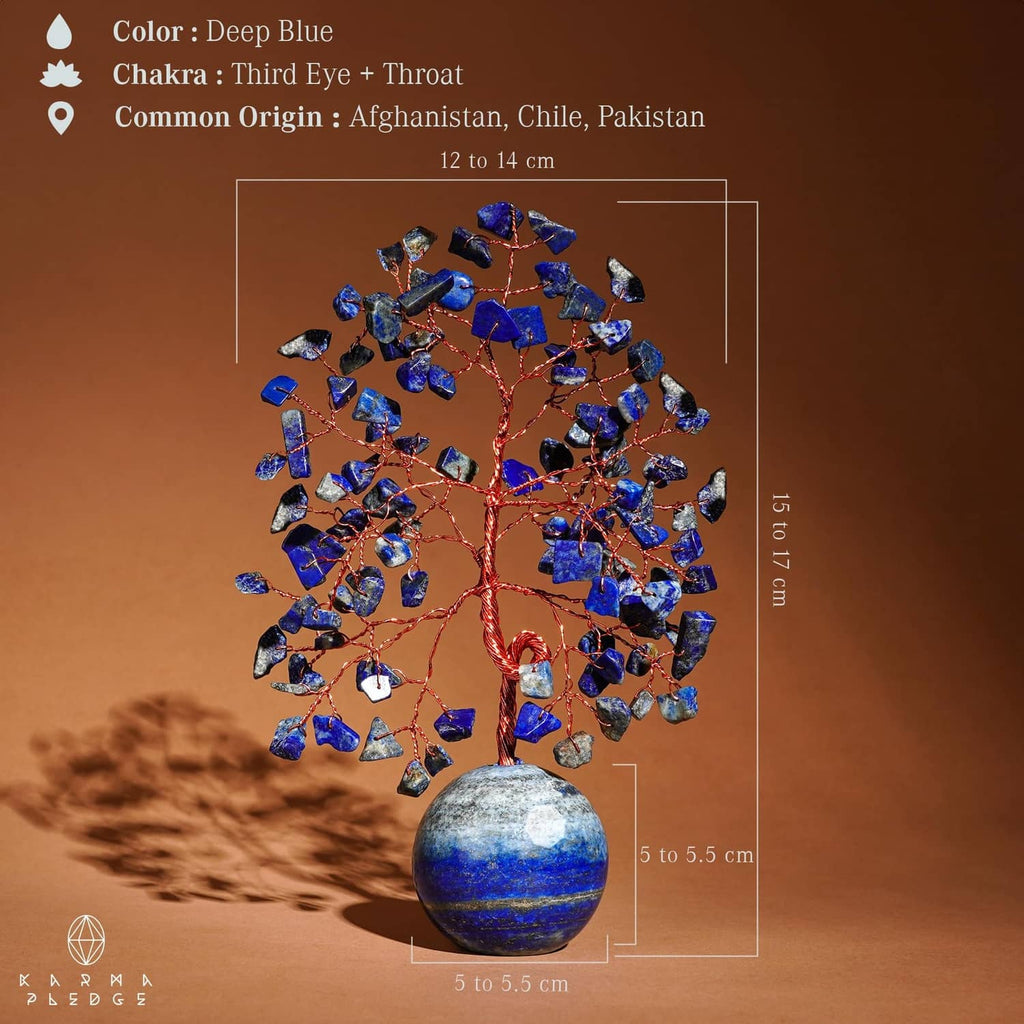 Deep blue lapis lazuli Tree of Life ornament with copper wire trunk and round base