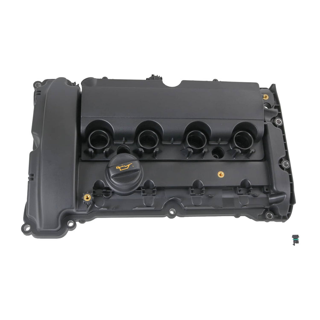 Engine valve cover, black plastic housing with spark plug tube openings