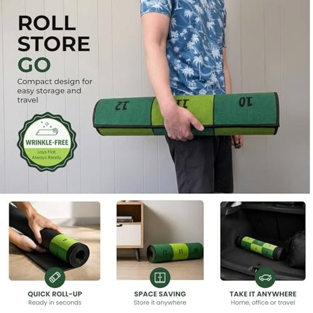 Roll-up indoor putting mat, green and black folded bundle with compact storage design