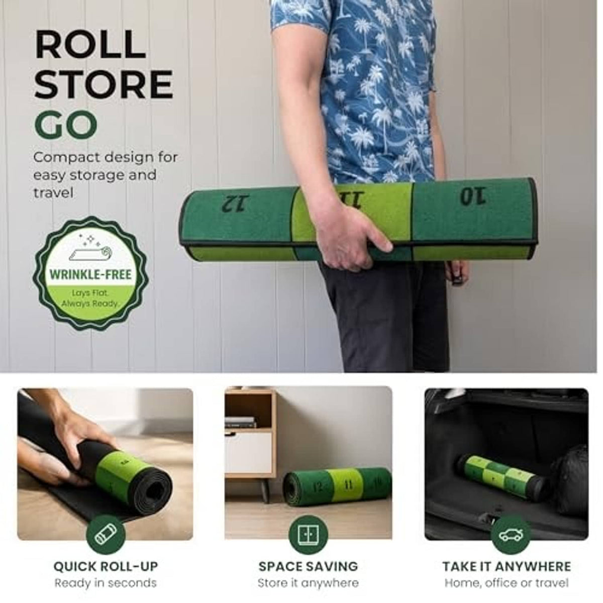 Roll-up indoor putting mat, green and black folded bundle with compact storage design