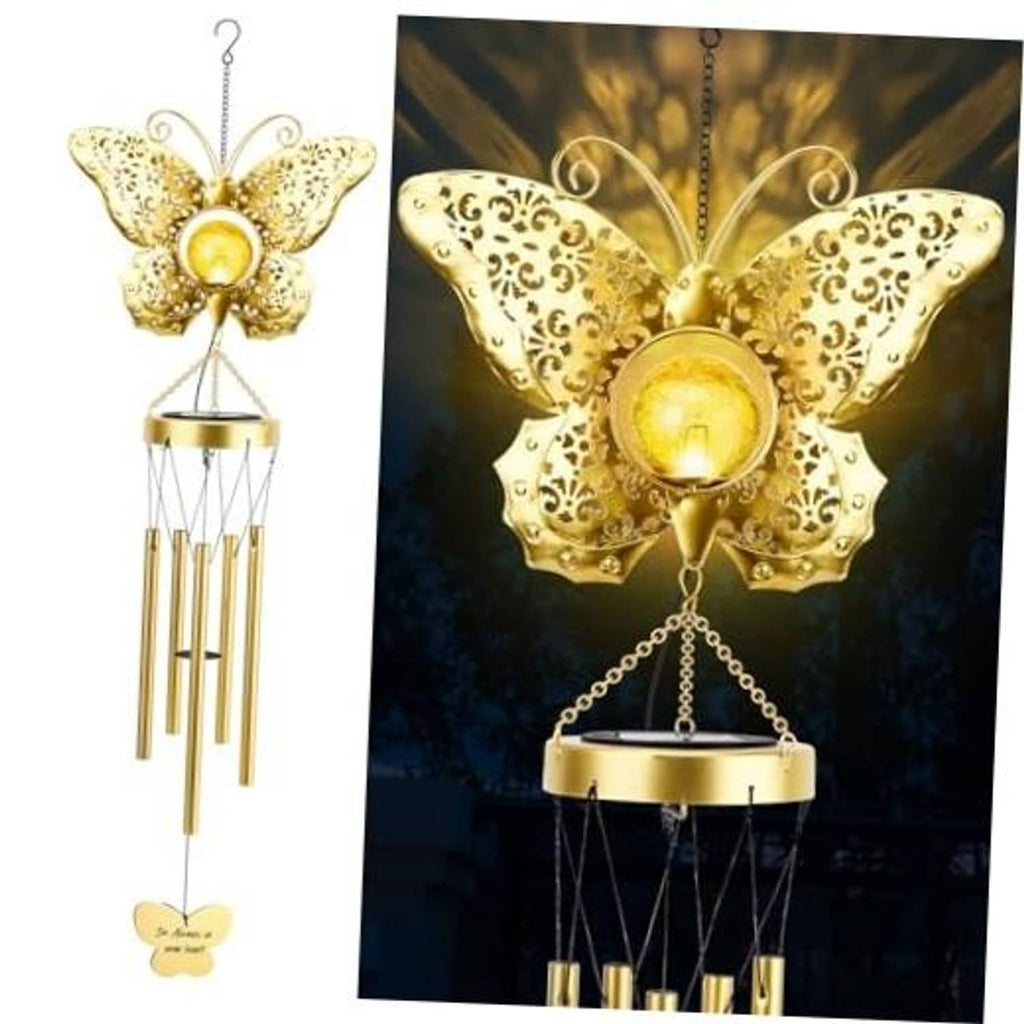 Golden butterfly solar wind chime with hanging glass bulb and metal tube strands