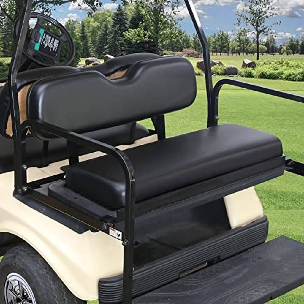 Black rear flip seat replacement cushion on golf cart with contoured backrest
