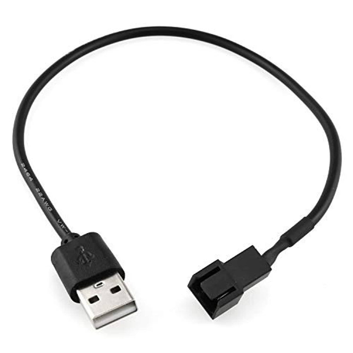 USB-A to 3-pin PWM fan cable close-up, black connectors on both ends