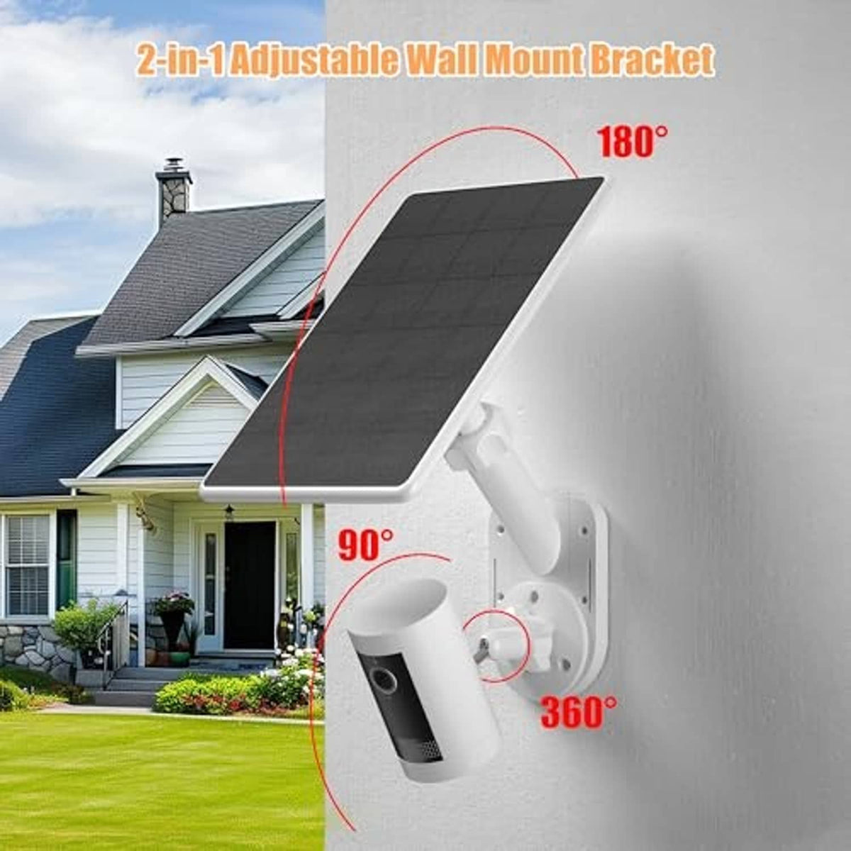 White adjustable 2-in-1 wall mount bracket for solar panel and camera