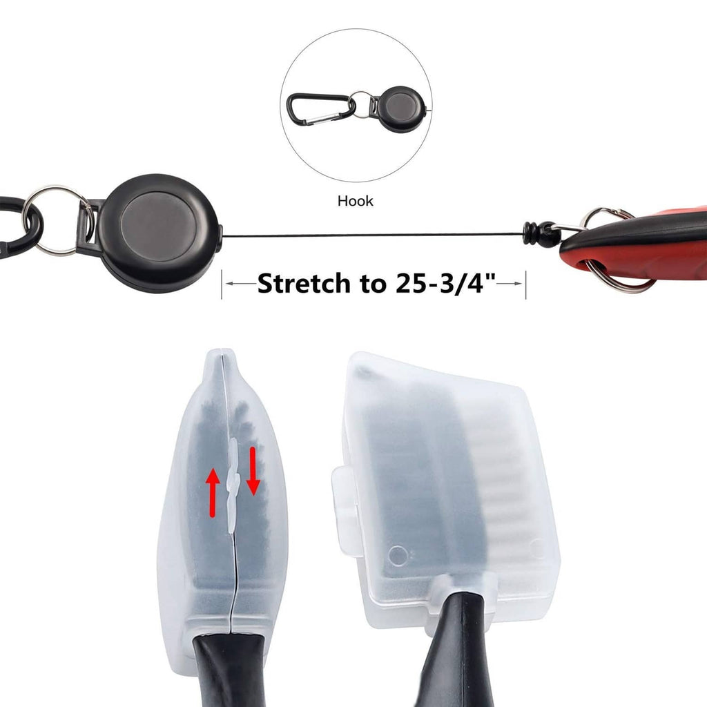 Golf club groove cleaner brush with hook clip and dual bristle heads, adjustable length