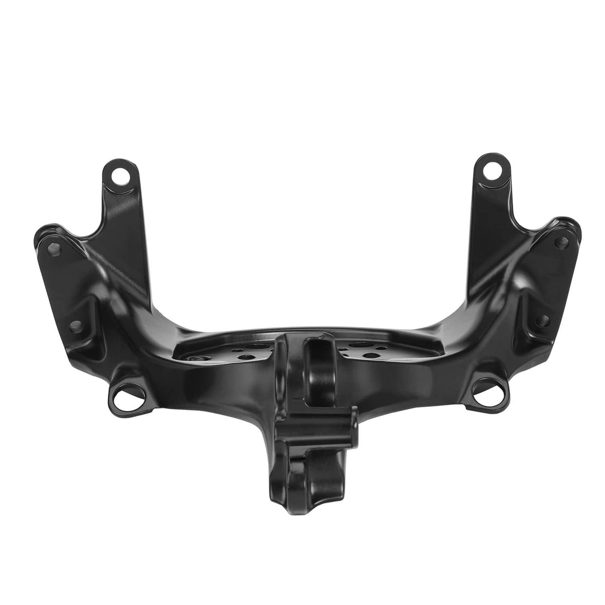 Black front upper fairing stay bracket front view with central support and holes