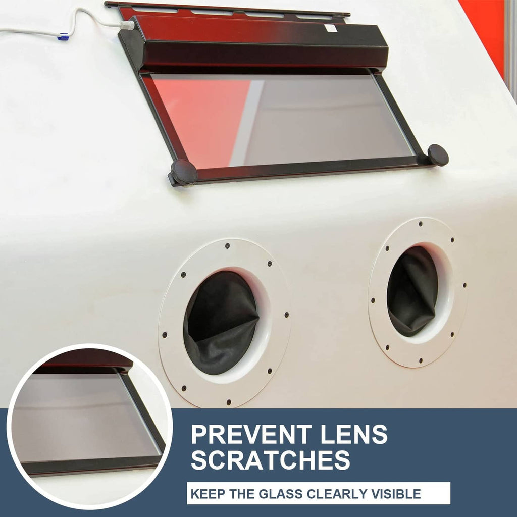 Blast cabinet lenses with rectangular clear lens protector sheet fitted over openings