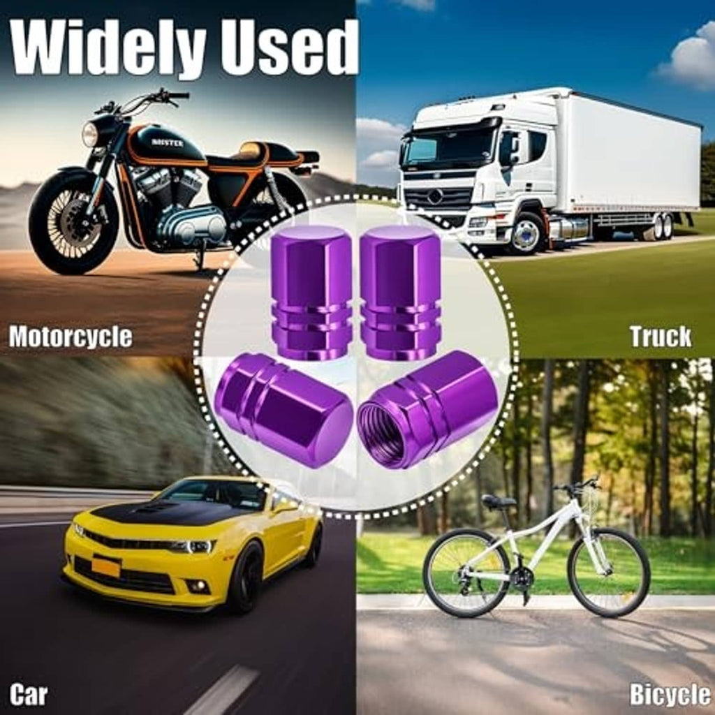 Purple tire valve stem caps with rubber O-ring, four-piece set graphic.