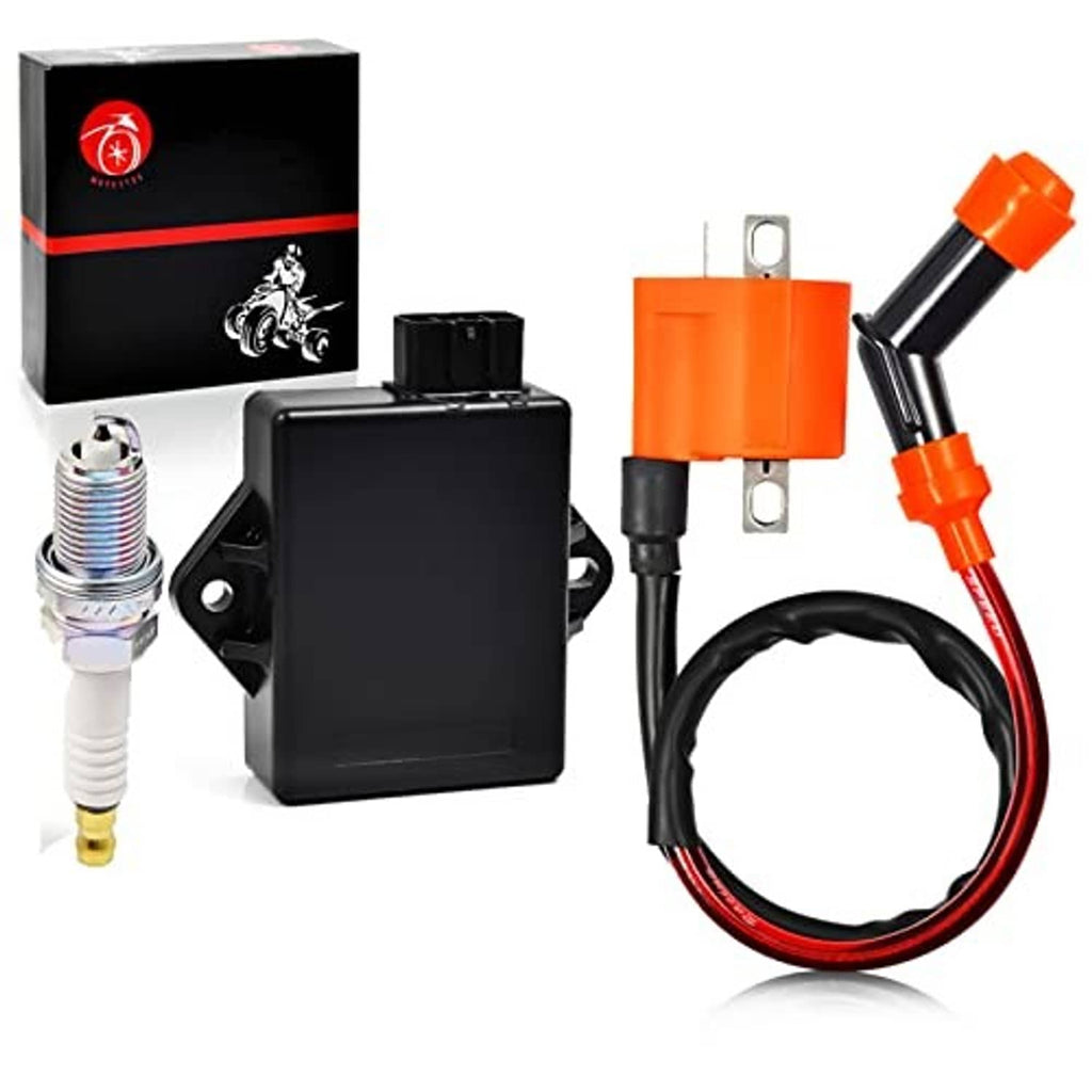 CDI ignition coil module kit with spark plug, black CDI box, and orange wiring harness