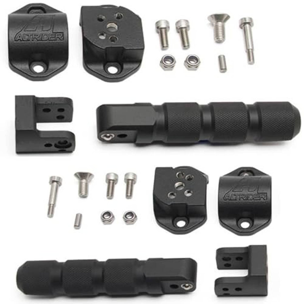 Black motorcycle peg brackets, fasteners, and textured peg set components