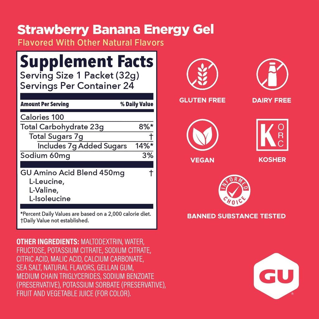GU Energy gel packet supplement facts with gluten-free, vegan, kosher labels