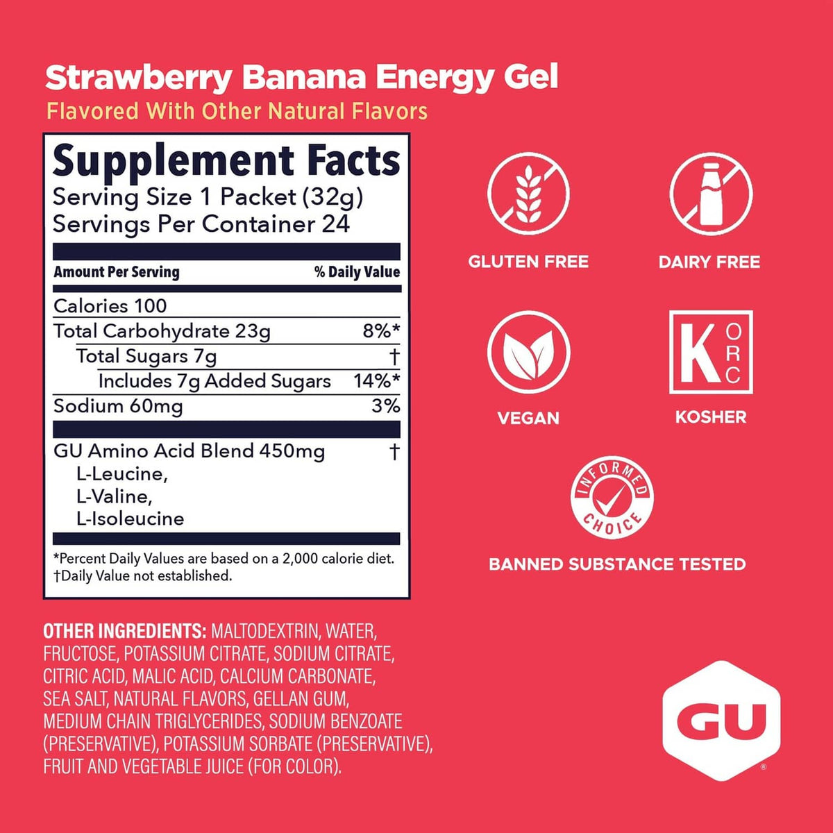 GU Energy gel packet supplement facts with gluten-free, vegan, kosher labels