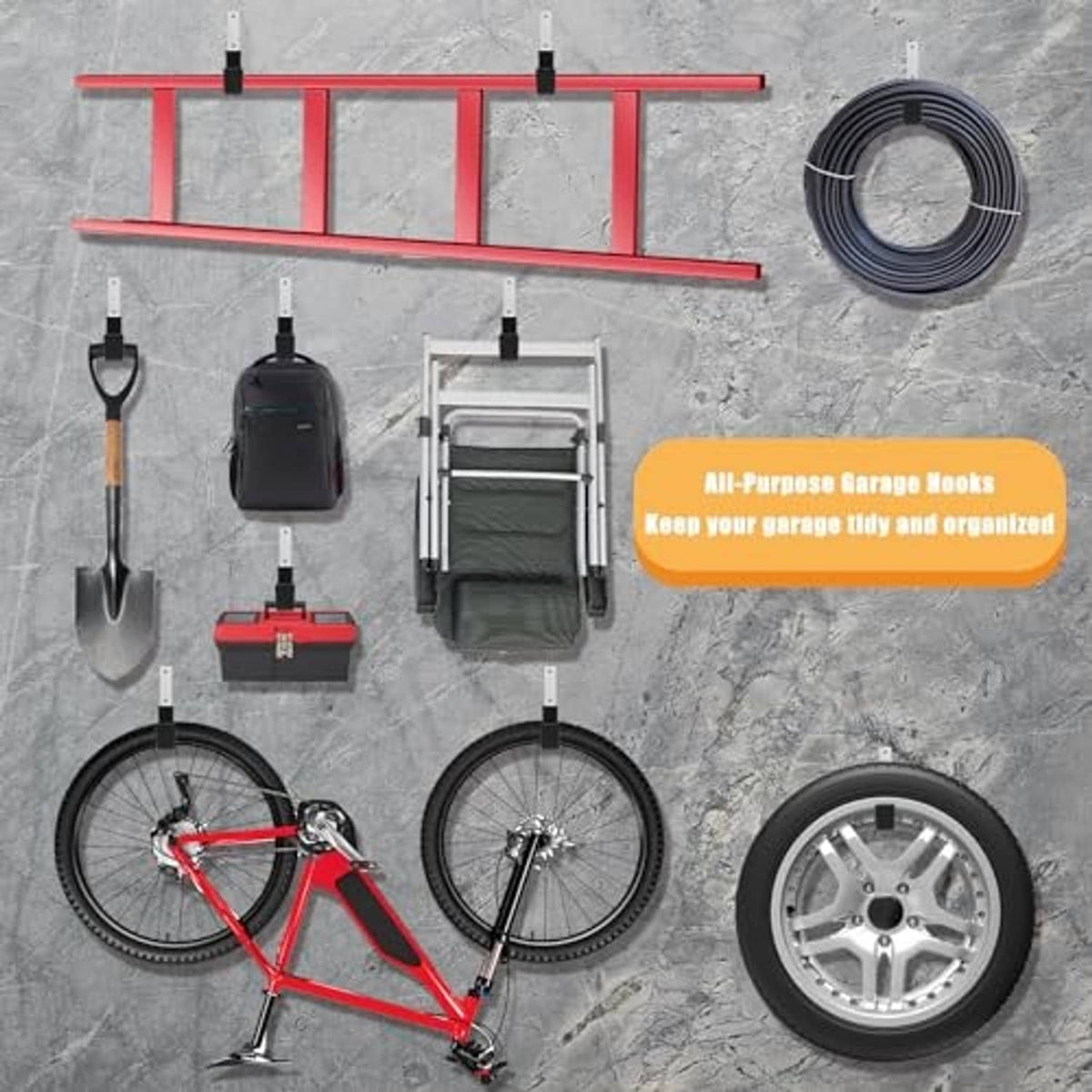 Garage wall organization hooks holding bicycles and tools on concrete wall