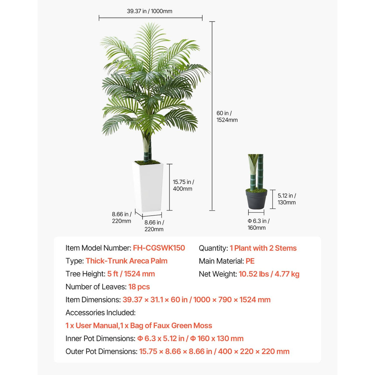Faux areca palm tree with green fronds in a white pot on size chart