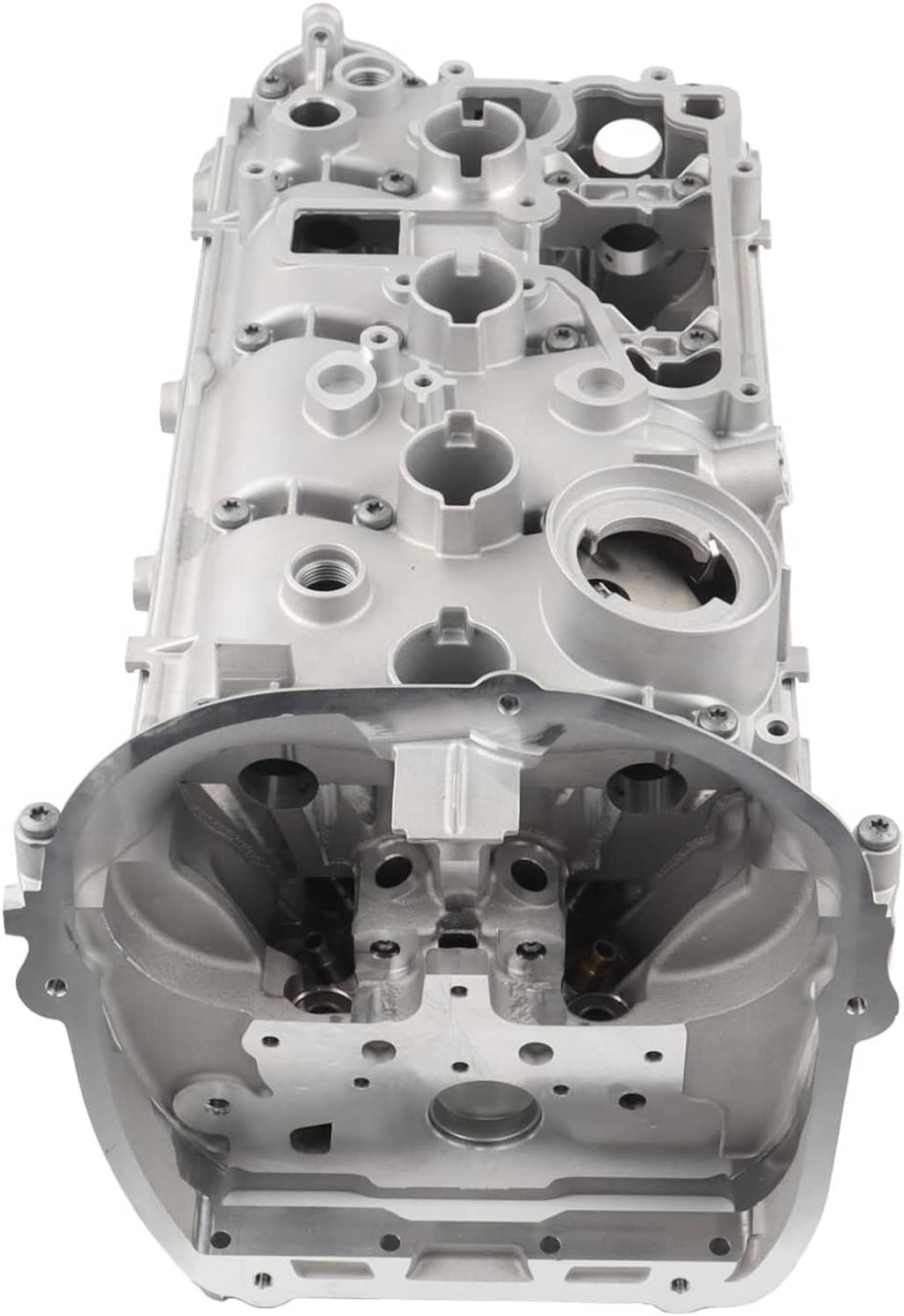 Cylinder head assembly with open valve-side components and machined openings, metal
