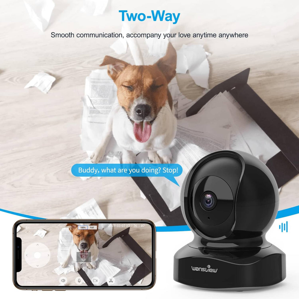 Black indoor 360° Wi‑Fi security camera on base, front lens view