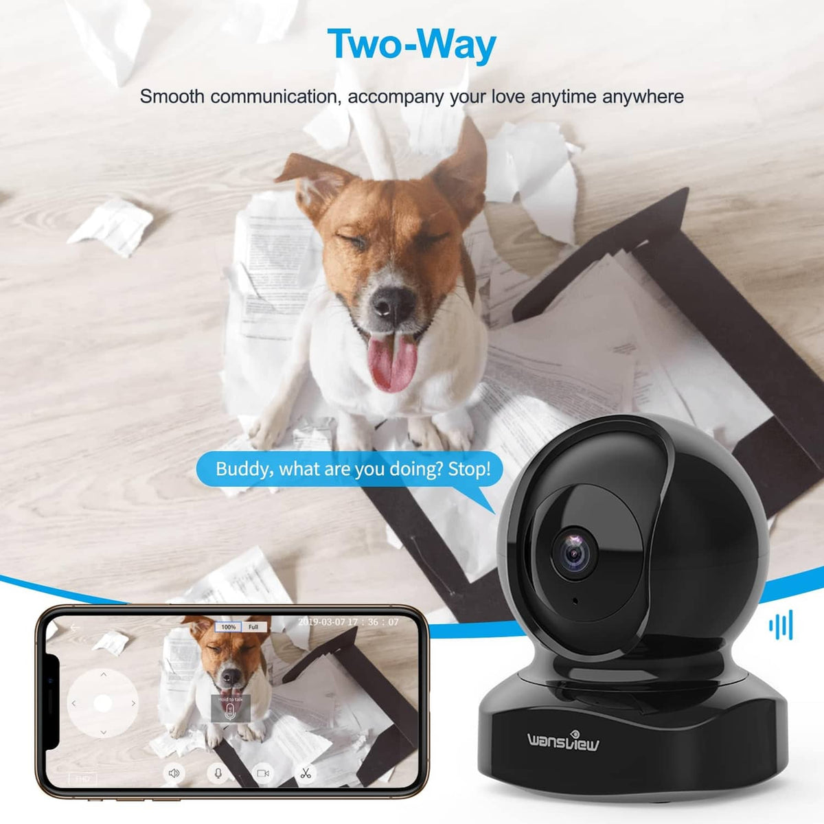 Black indoor 360° Wi‑Fi security camera on base, front lens view