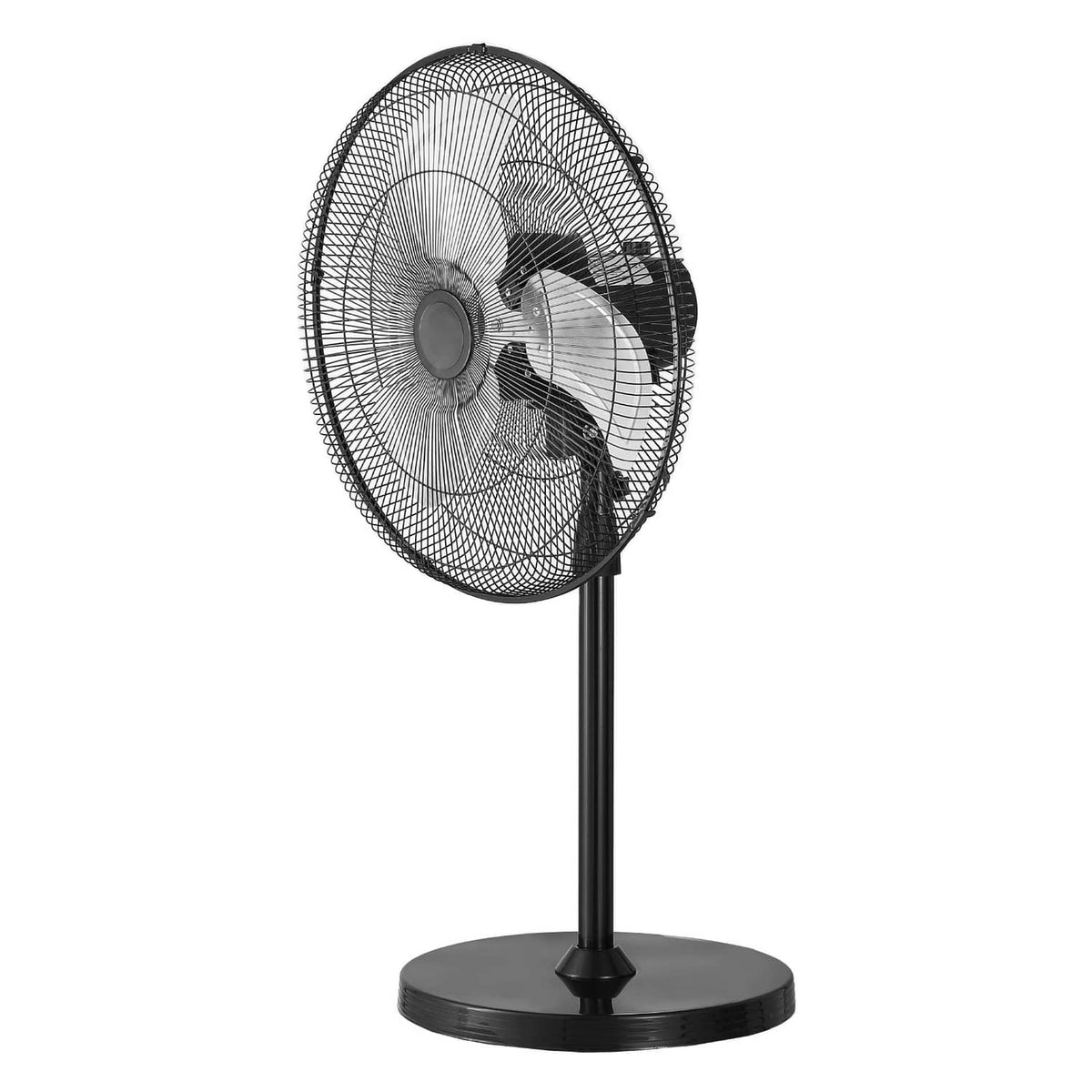 Black standing pedestal fan with round mesh grille and three-blade fan