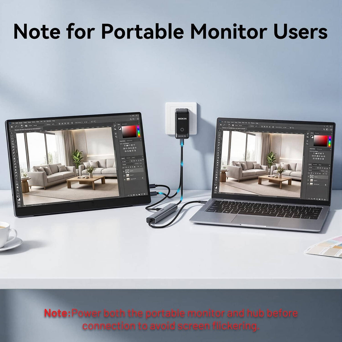 USB-C hub connected between two portable monitors and the laptop via cables