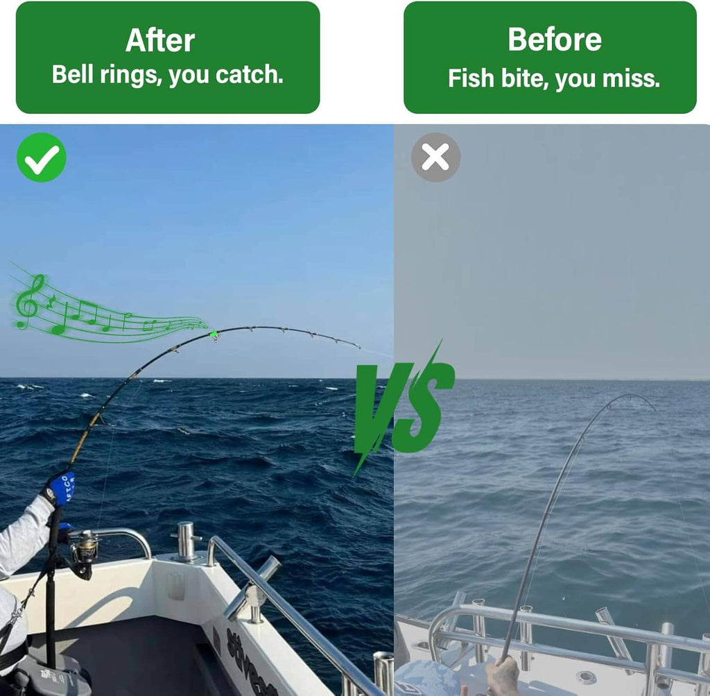 Fishing rod line with mounted bite alarm bells on the boat deck, split scene