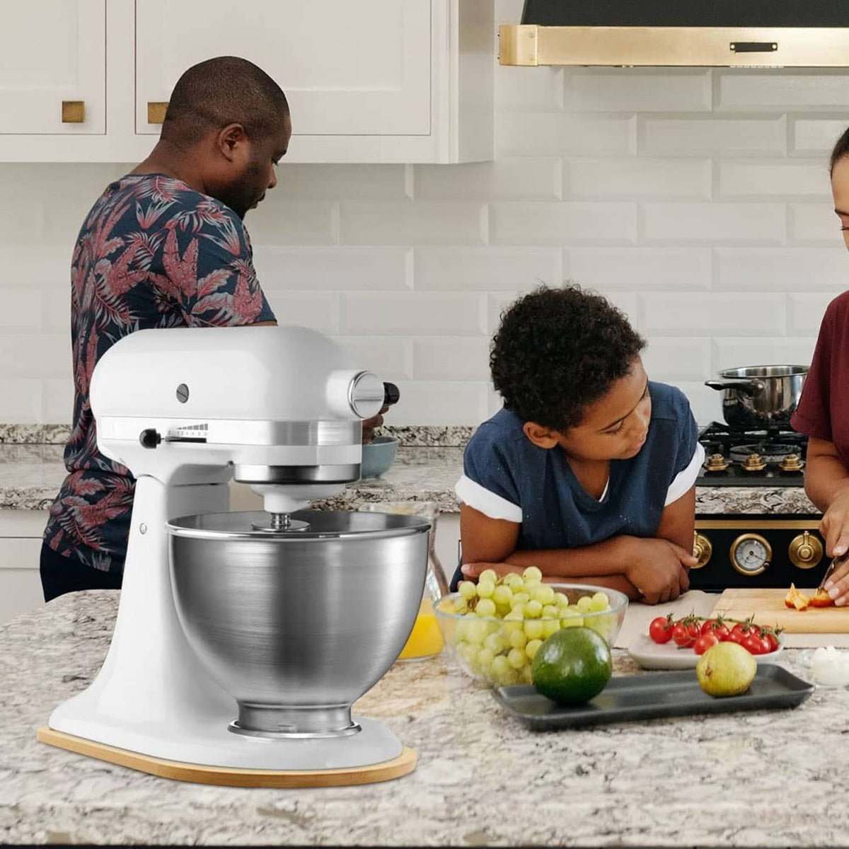 Natural bamboo splash guard board for tilt-head stand mixer on countertop