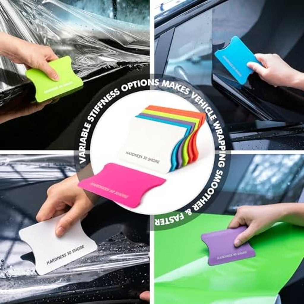 Vinyl wrap squeegee and felt pads smoothing film on a window surface