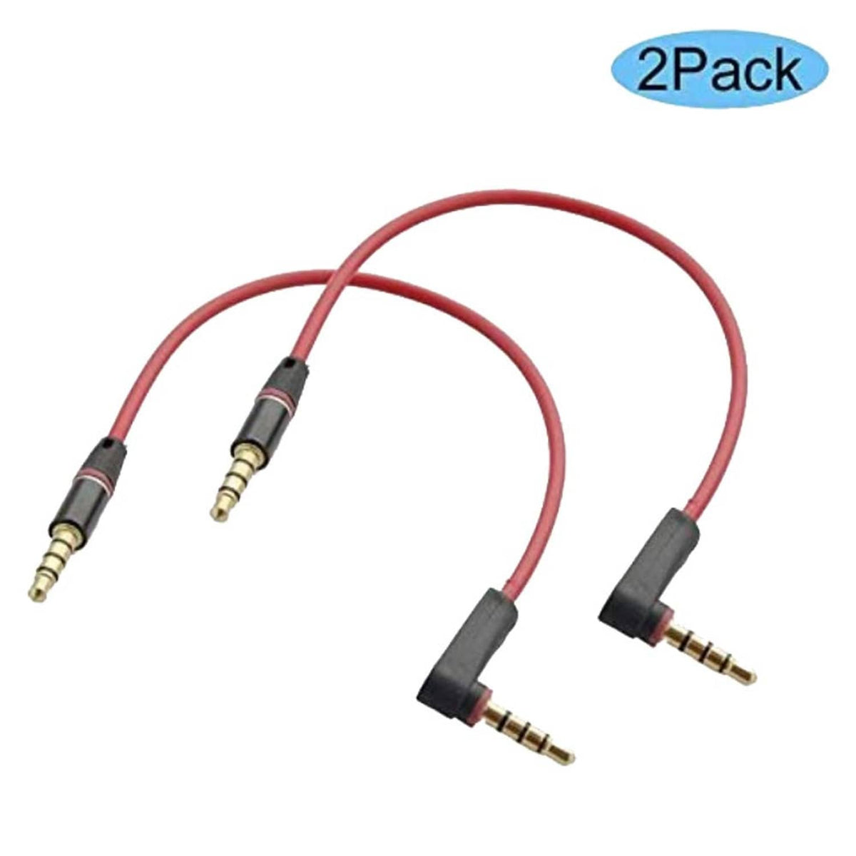 2-pack red 3.5mm TRRS angled male-to-male audio aux cable with 4-cond connectors