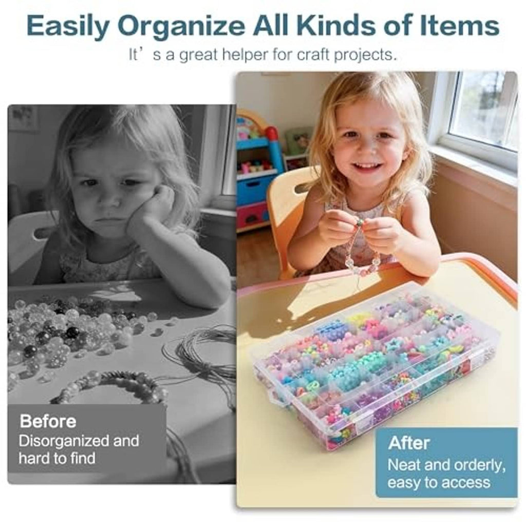 Clear plastic organizer box set with adjustable grid compartments for small craft items