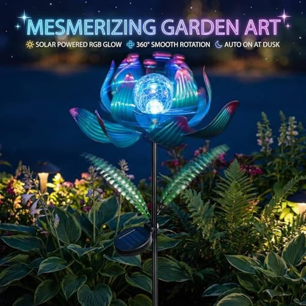 Solar wind spinner lotus with RGB blue-pink glow, rotating metal petals, and glowing glass globe
