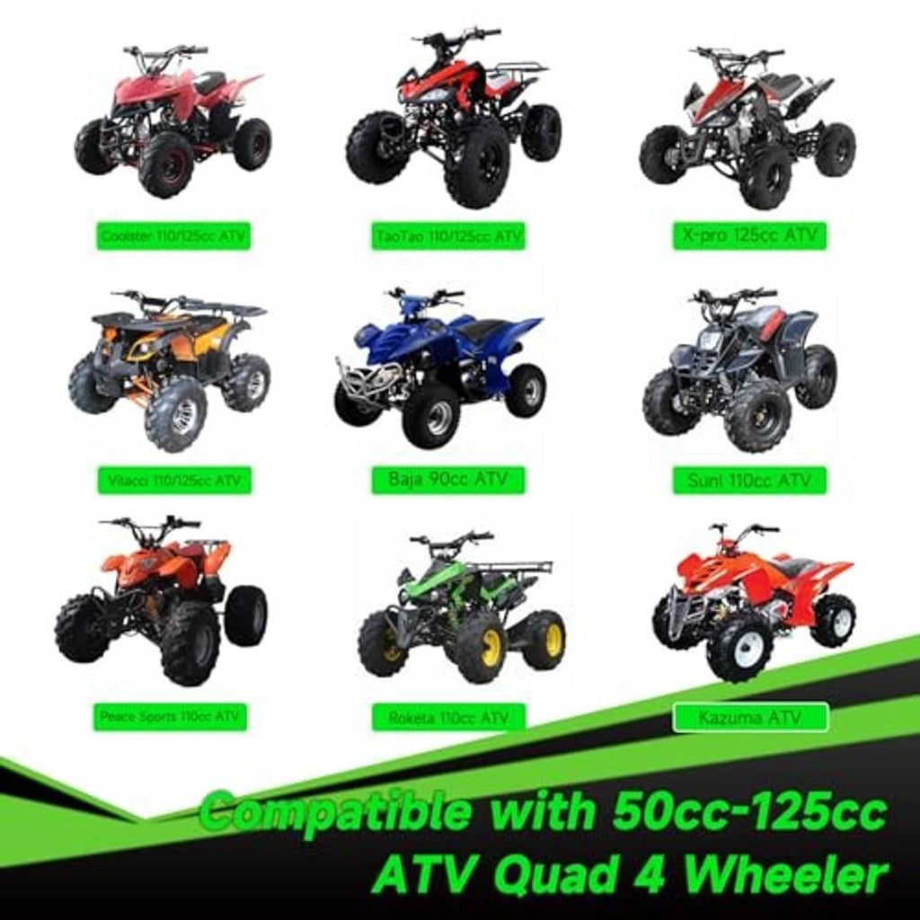 ATV quad bike lineup with compatibility graphic for 50cc-125cc carburetor parts