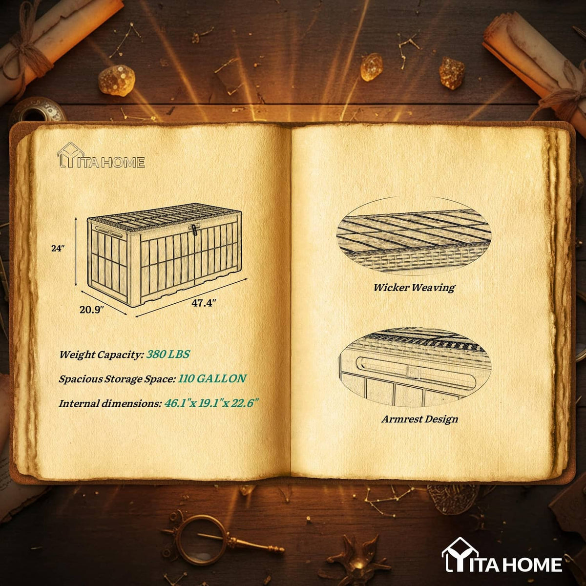 Outdoor storage box feature diagram showing armrest and wicker-weaving styling