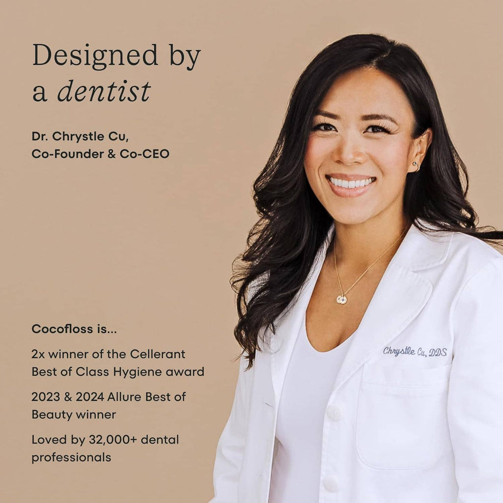 Dentist-designed woven dental floss pack with smiling doctor portrait in white coat.