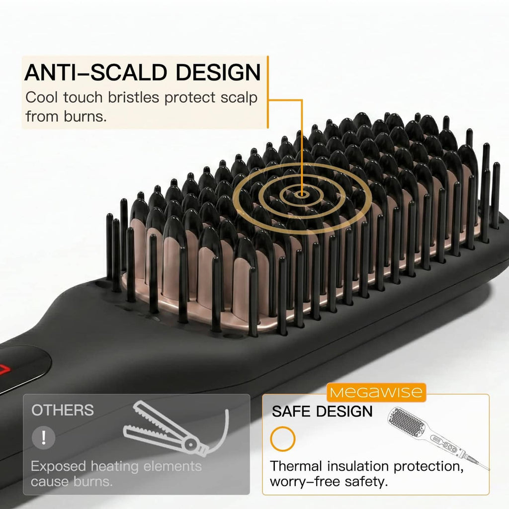 Black straightener brush with dense anti-scald bristle teeth on insulated base