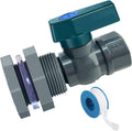 Teal-handled PVC ball valve drain kit with gray bulkhead fitting and PTFE thread tape spool