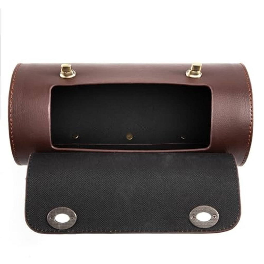 Brown motorcycle mini bag open view with front mounting studs and inner pocket
