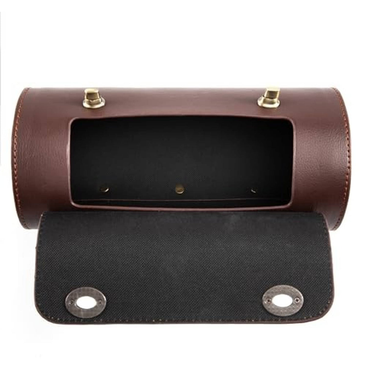 Brown motorcycle mini bag open view with front mounting studs and inner pocket