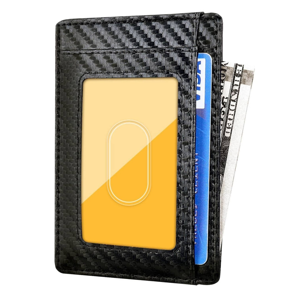 Black carbon-fiber slim wallet open view showing front card sleeve