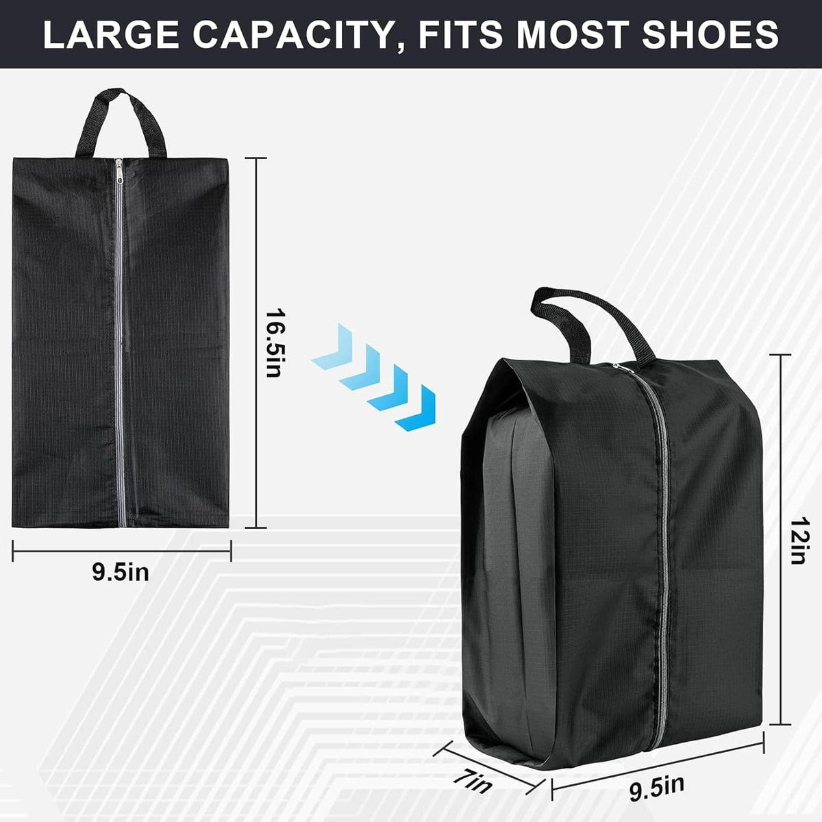 Four black shoe storage bags shown front view and side view with zip openings