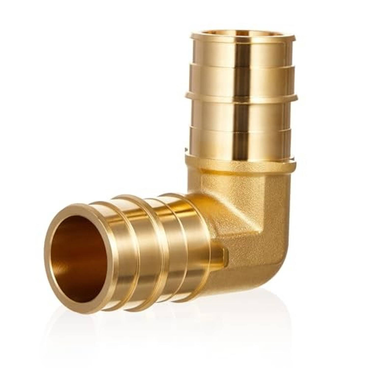 Solid brass 90-degree PEX elbow fitting with two crimp-style ring ends