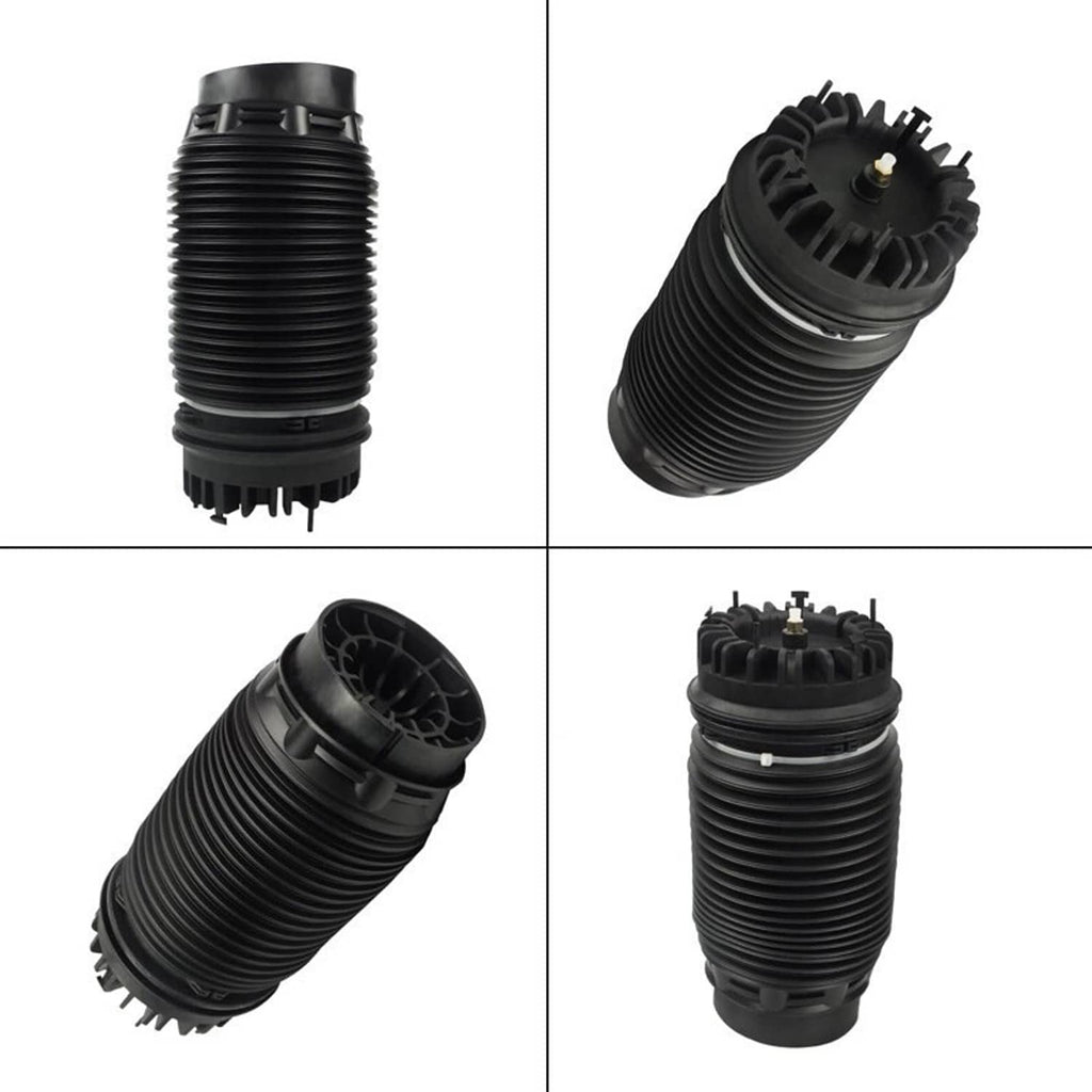 Air suspension spring bag showing black ribbed bellows and studded mounting ends
