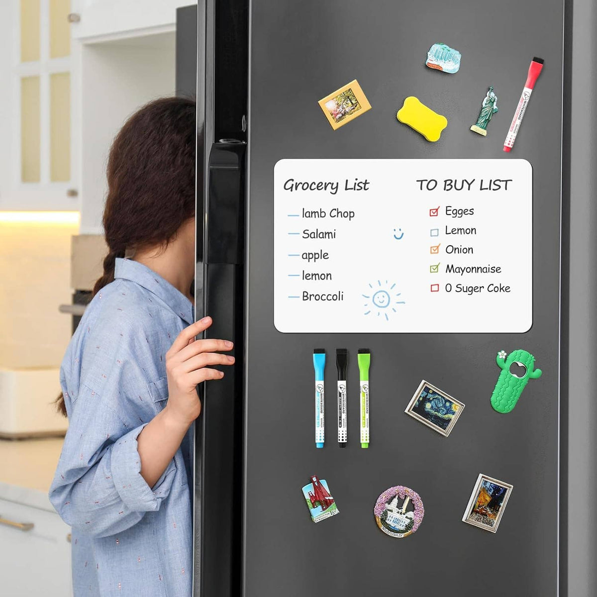 Magnetic dry erase refrigerator boards with yellow eraser magnet and 4 color markers