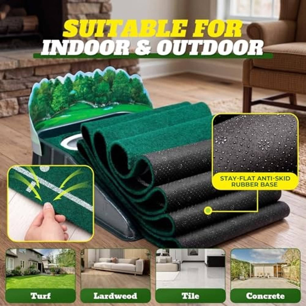 Indoor outdoor putting mat with anti-slip rubber base and rolled turf section