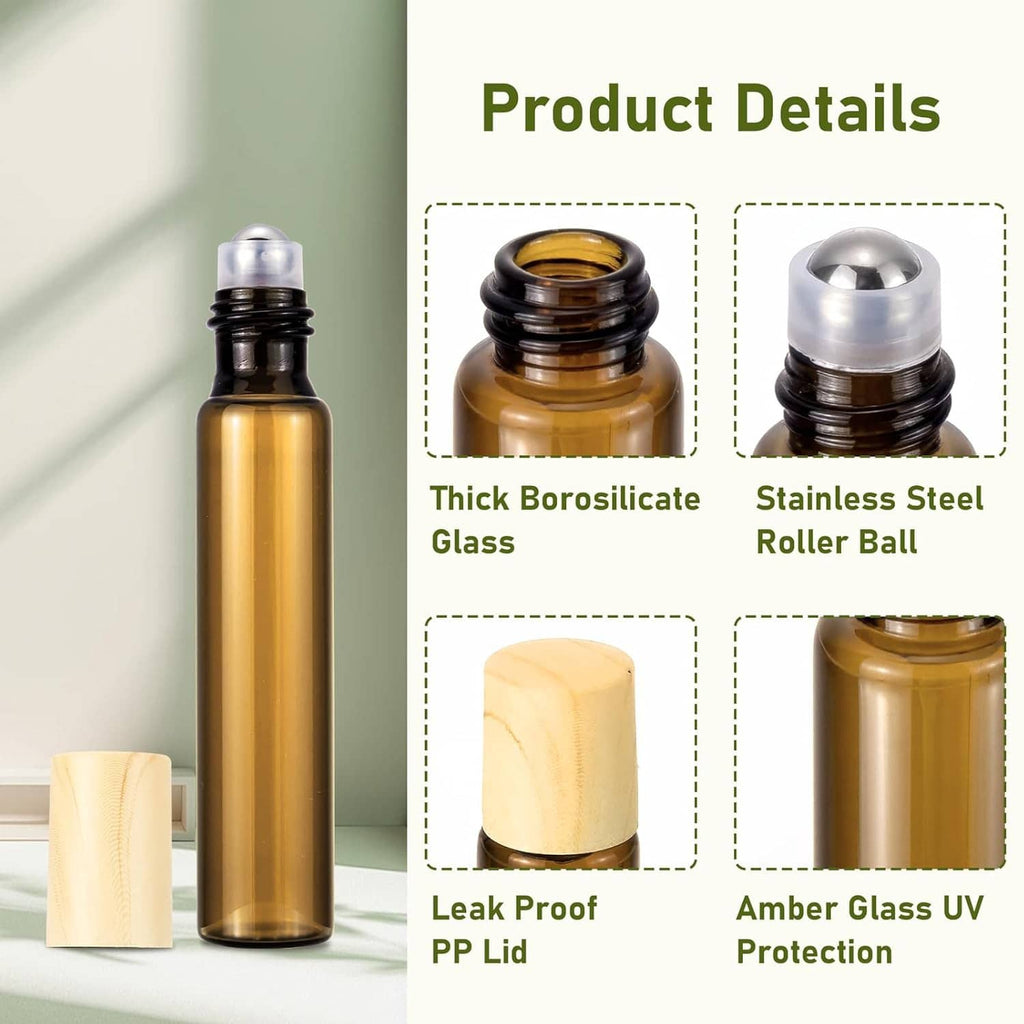 Amber glass roll-on bottle with PP lid and stainless steel roller ball