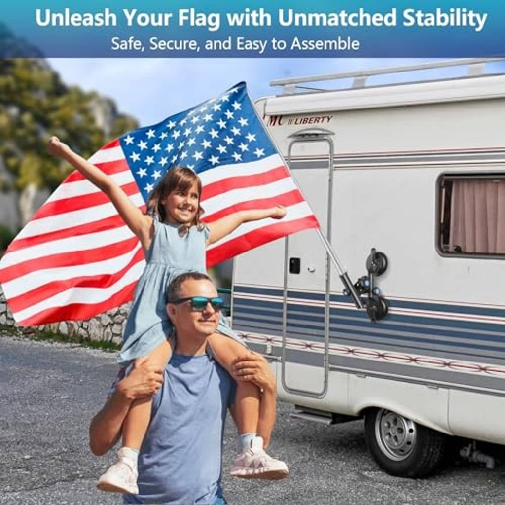 Black suction-cup flag pole holder mounted on RV side with support arms