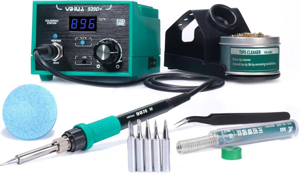 Digital soldering station kit with teal display, soldering iron, spare tips, and tip-cleaner holder