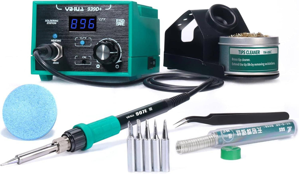 Digital soldering station kit with teal display, soldering iron, spare tips, and tip-cleaner holder