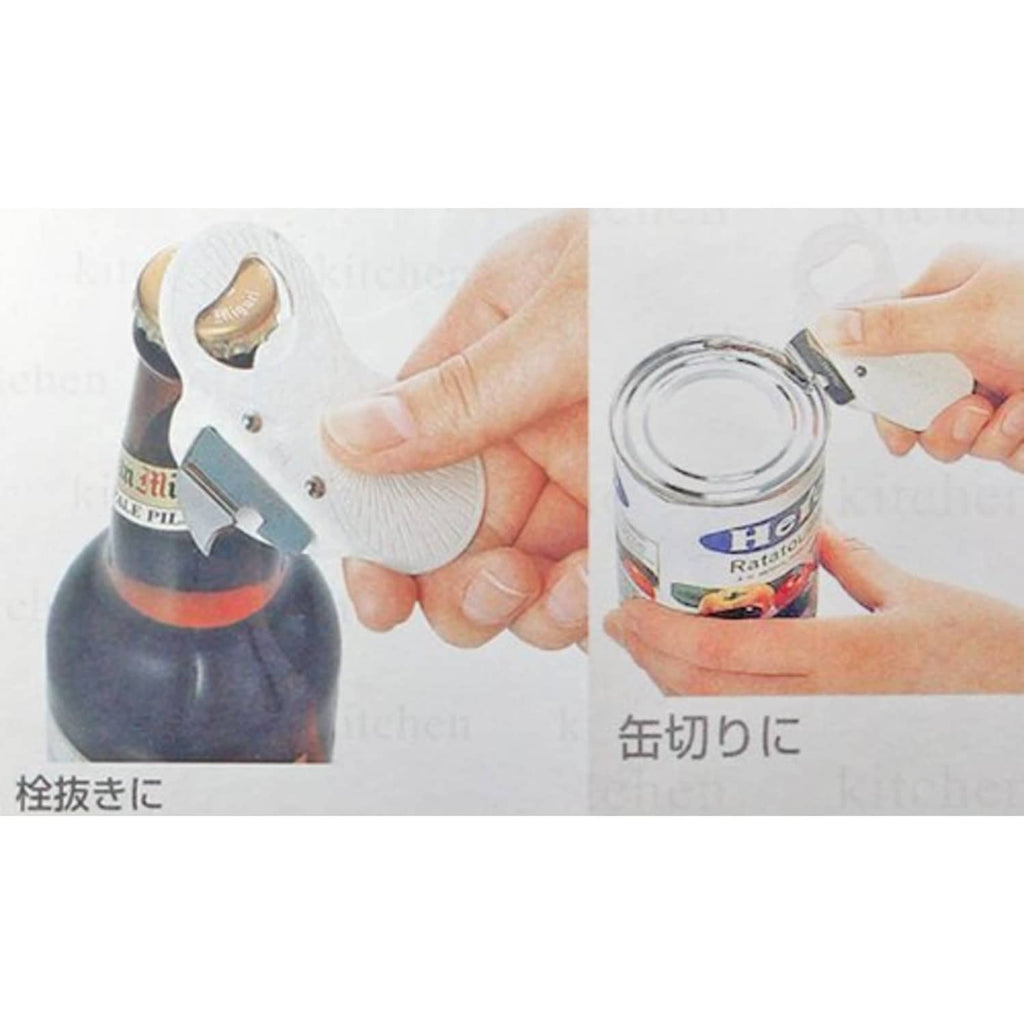 Can and bottle opener in use, hands prying caps and lifting can lids